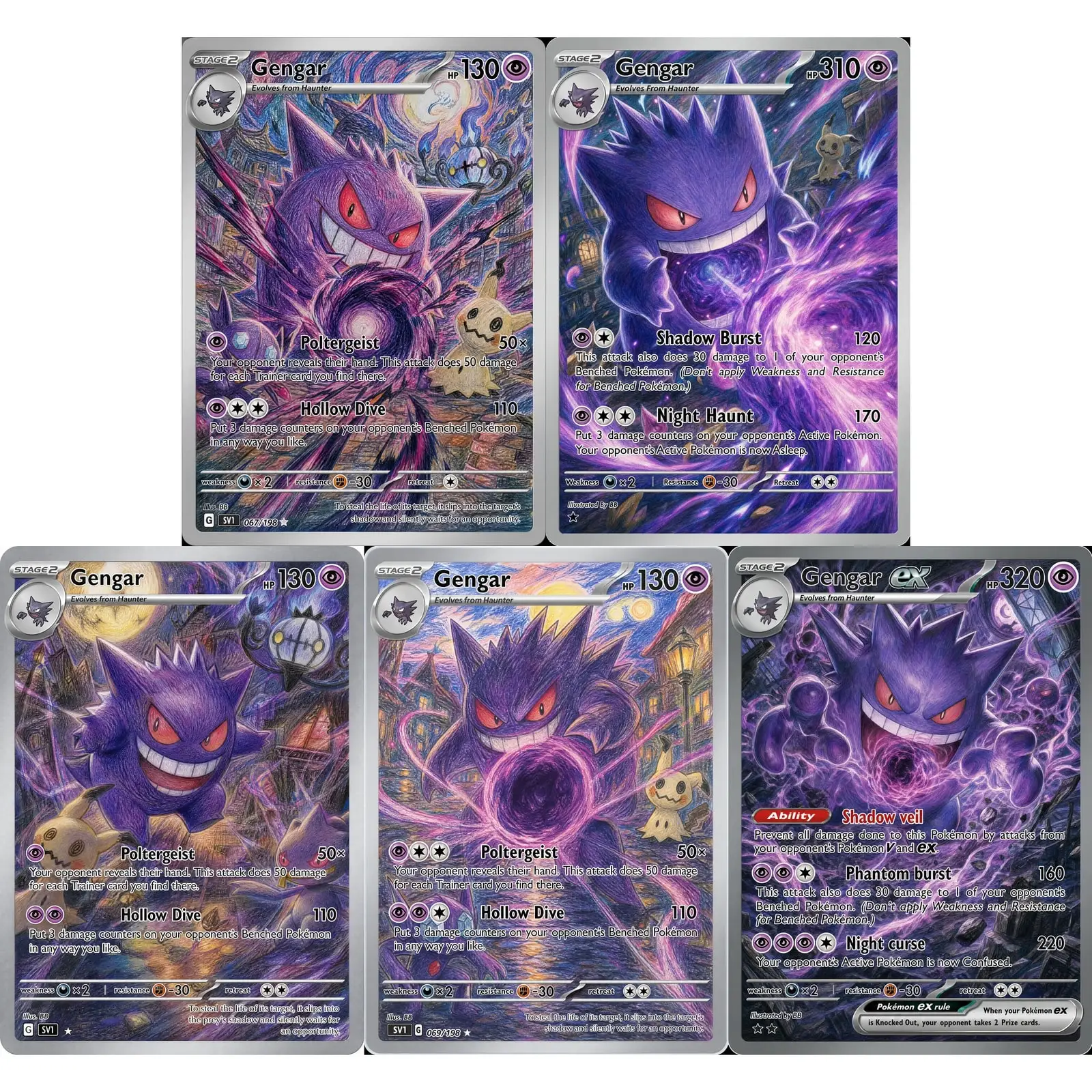 5Pcs PTCG Cards PTCG Colored Pencil Style Holo Foil Trading Game Full Gengar Collection Cards Rare Cards Set PTCG Gift