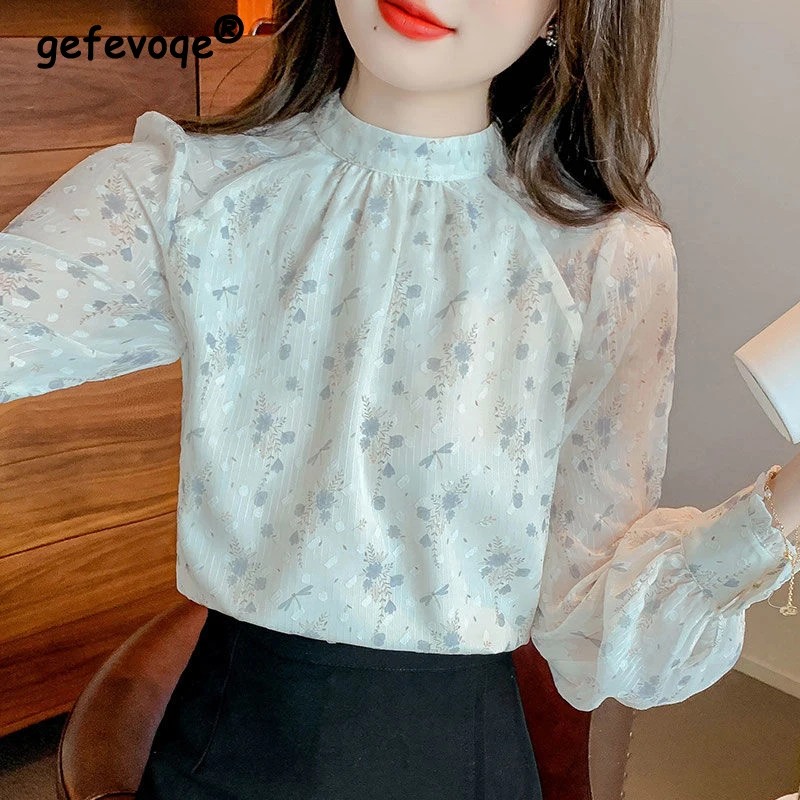 Clothes for Women 2024 Korean Fashion Print Ruffled Blouse Elegant Chic Stand Collar Chiffon Shirt Casual Long Sleeve Loose Tops