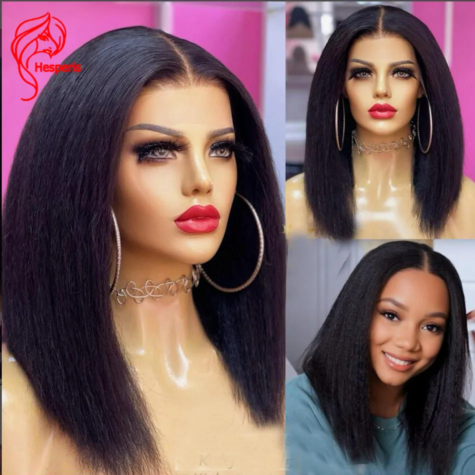 Hesperis Brazilian Remy 5.5x4.5 Pu Silk Base Lace Closure Human Hair Wig Yaki Straight Short Bob Cut Lace Front Wigs For Women