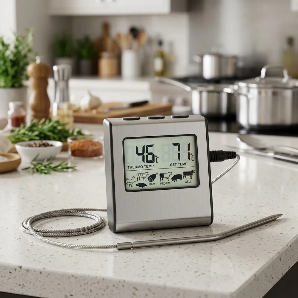 LCD Digital Meat Thermometer With Timer Stainless Steel Probe High Accuracy Cooking Tool For Kitchen Grill Oven Baking BBQ