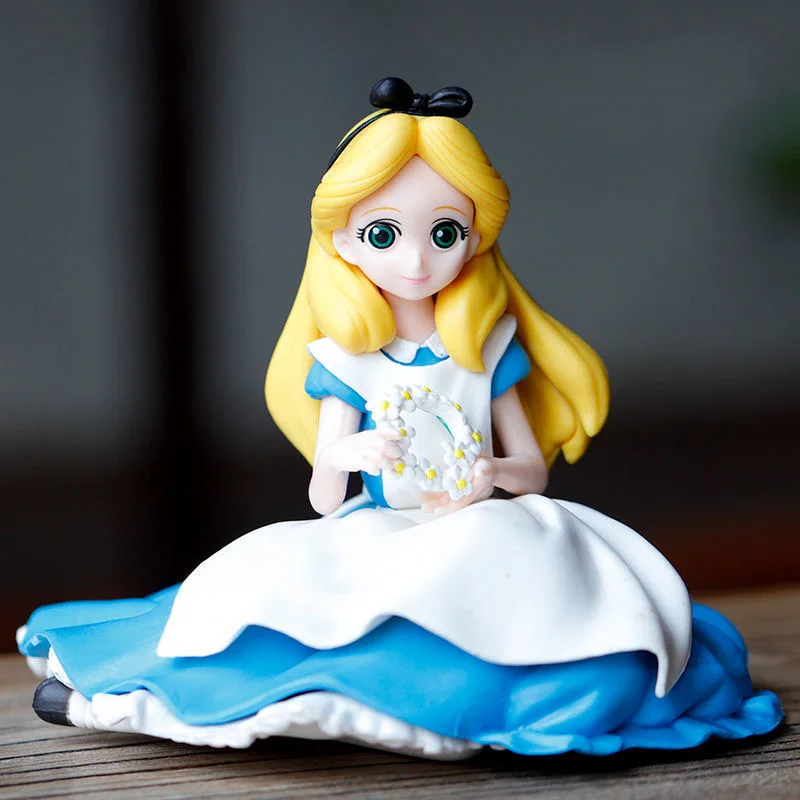 14cm Princess Alice in Wonderland Sit Sown with Garland PVC Action Figure Decoration Model Toy Doll Kids Gift Brinquedos