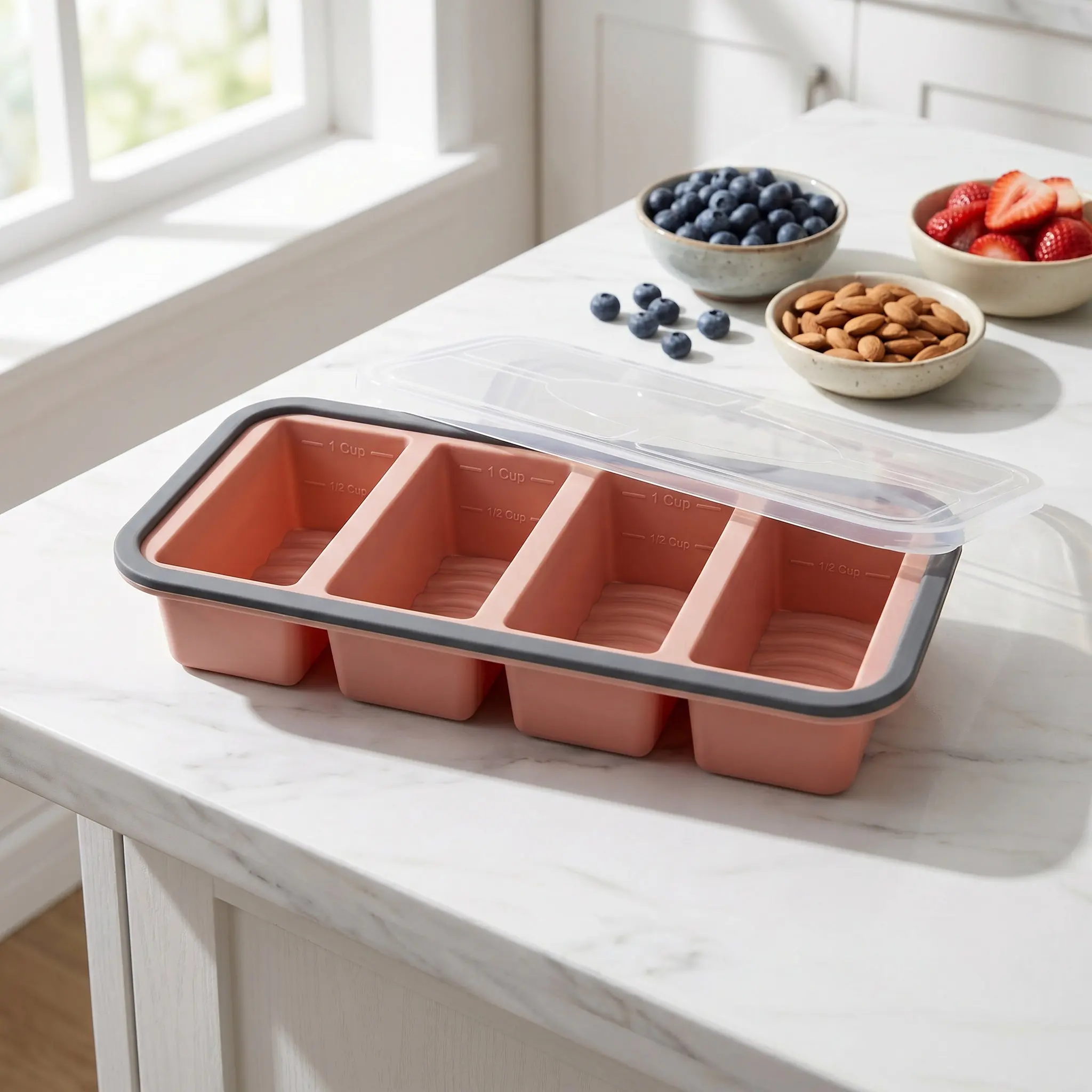 4 Compartment Silicone Freezer Mold 1 Cup Each Stackable with Lid Reinforced Rim for Meal Prep Soup Cubes Sauce Portioning Easy