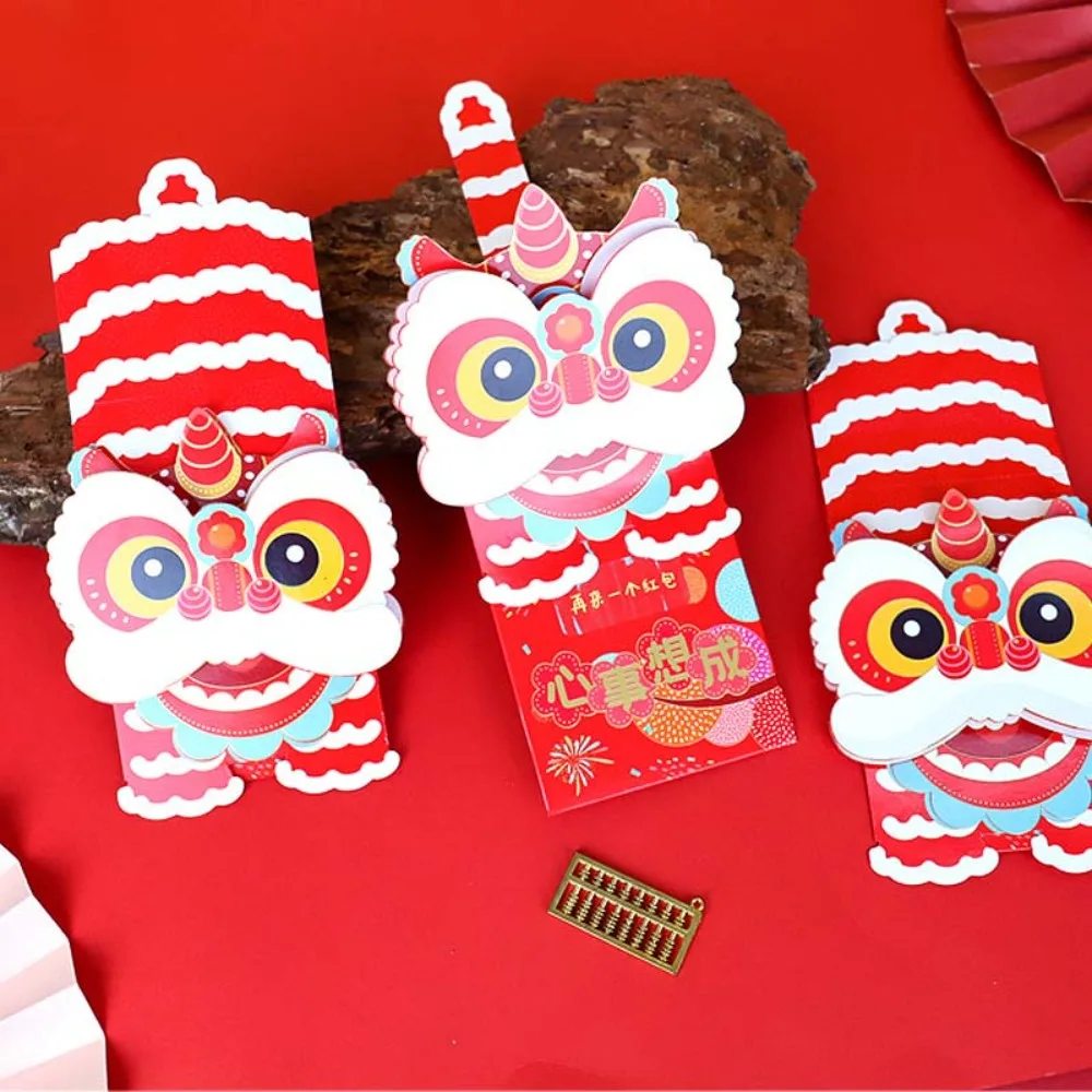 

6pcs Traditional Chinese New Year Red Envelopes Lion Dance Hongbao Scratch Card Money Bag Thickened Bonus Lucky Money Packet