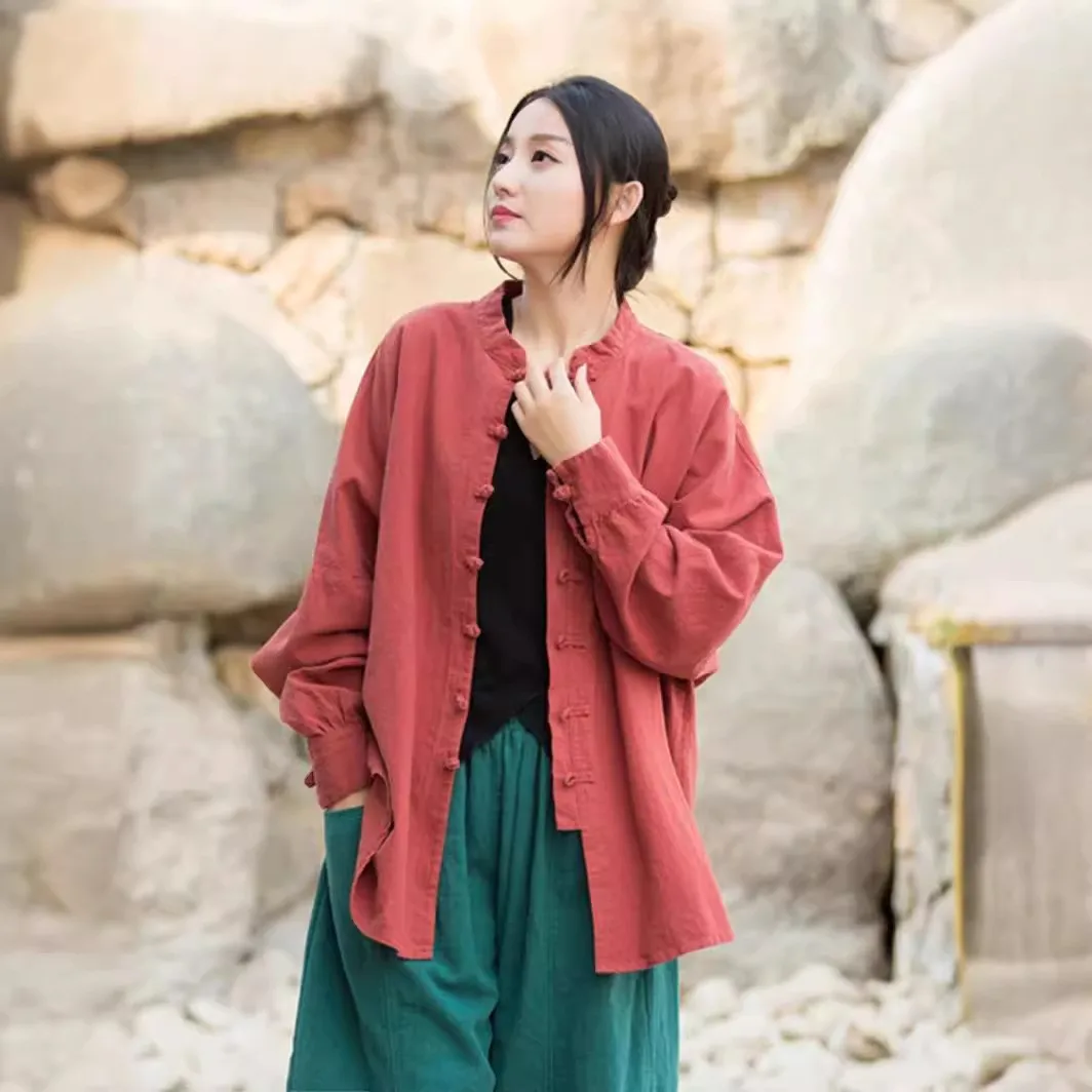Women's Summer Dresses 2026 Loose Fit Boho Cardigan Dress with Mandarin Collar Crinkle Cotton Ethnic 3D Pattern Regular Length