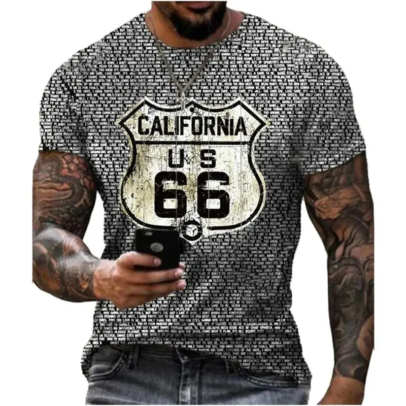 Estate uomo retrò classico moda americano Route 66 modello t-shirt Hd stampa 3d O collare corto allentato traspirante Plus Size Top