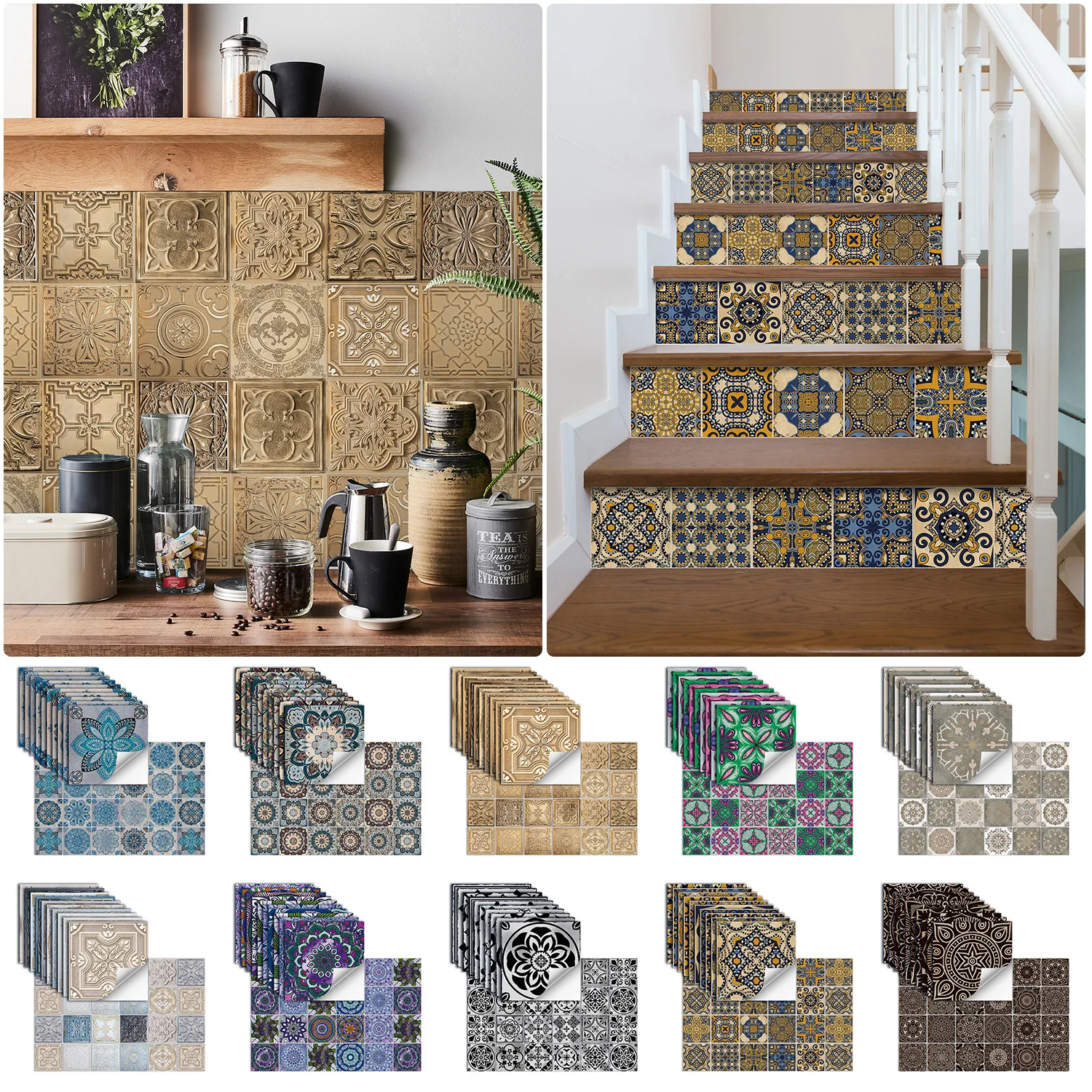 

10 retro mandala patterned flower tiles self-adhesive wall stickers suitable for kitchen and bathroom interior wall stickers