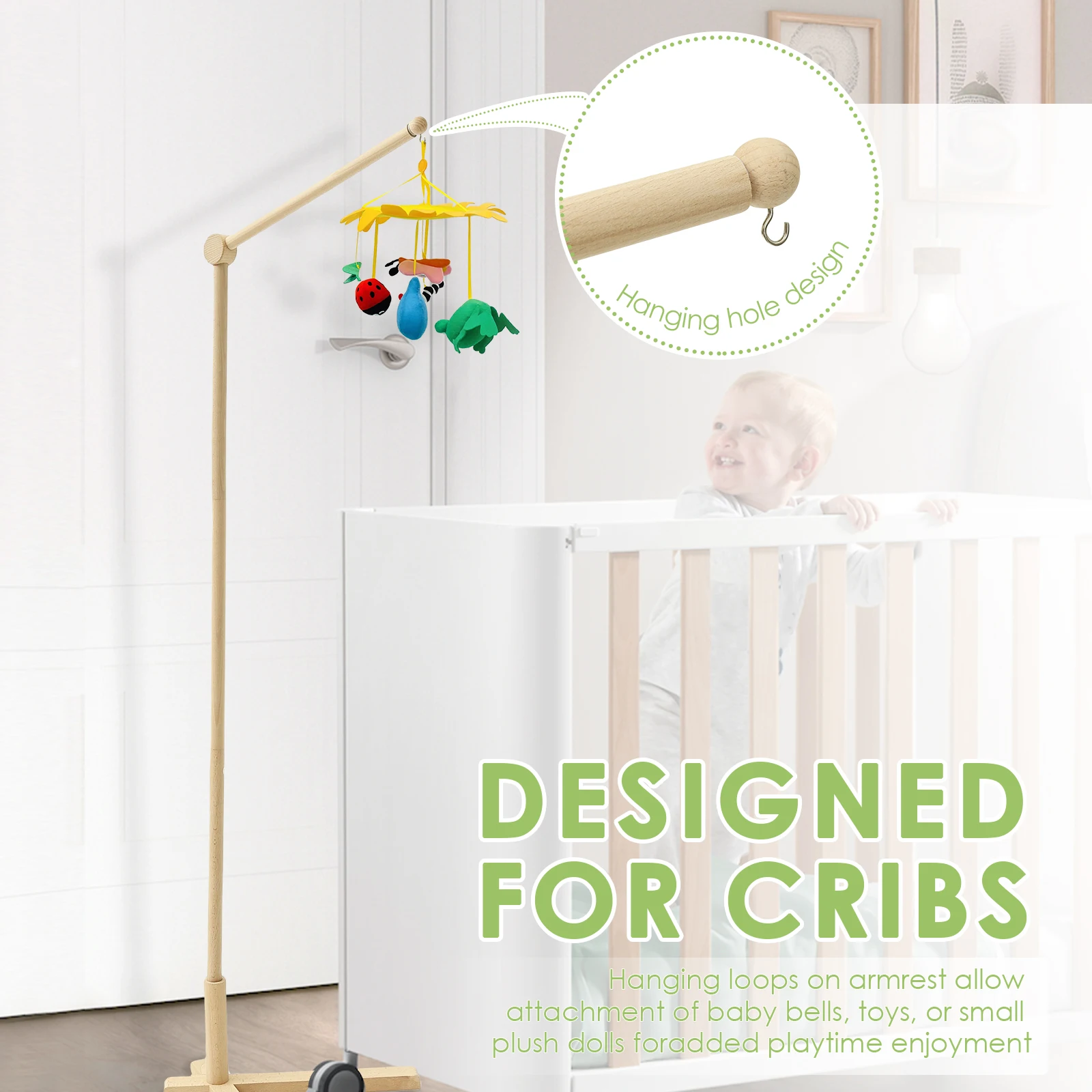 Braccio mobile per culla Supporto in legno da pavimento Appendiabiti mobile per bambini Decorazione per asilo nido per appendere campanelli e giocattoli per lettino