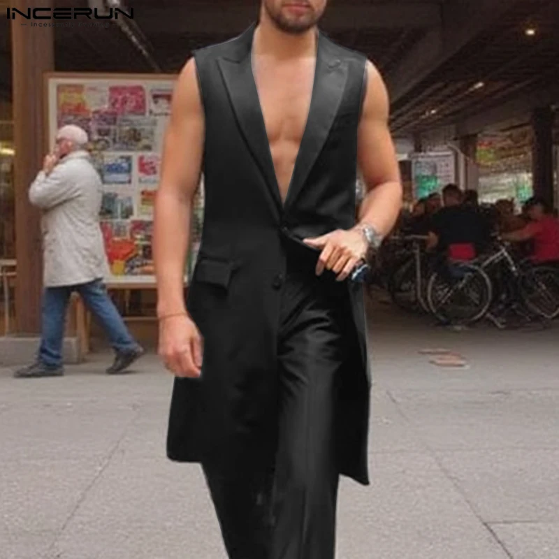 

Men Blazer Vests Solid Color Lapel Sleeveless Button Casual Long Style Waistcoats Men Streetwear 2025 Fashion Male Vests INCERUN