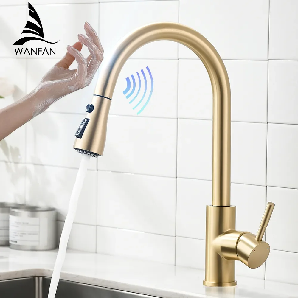 Modern 304 Stainless Steel Gold Kitchen Faucet Splash-Proof Water Tap with Pull Out Sprayer Flexible Sink Mixer for Kitchen Use