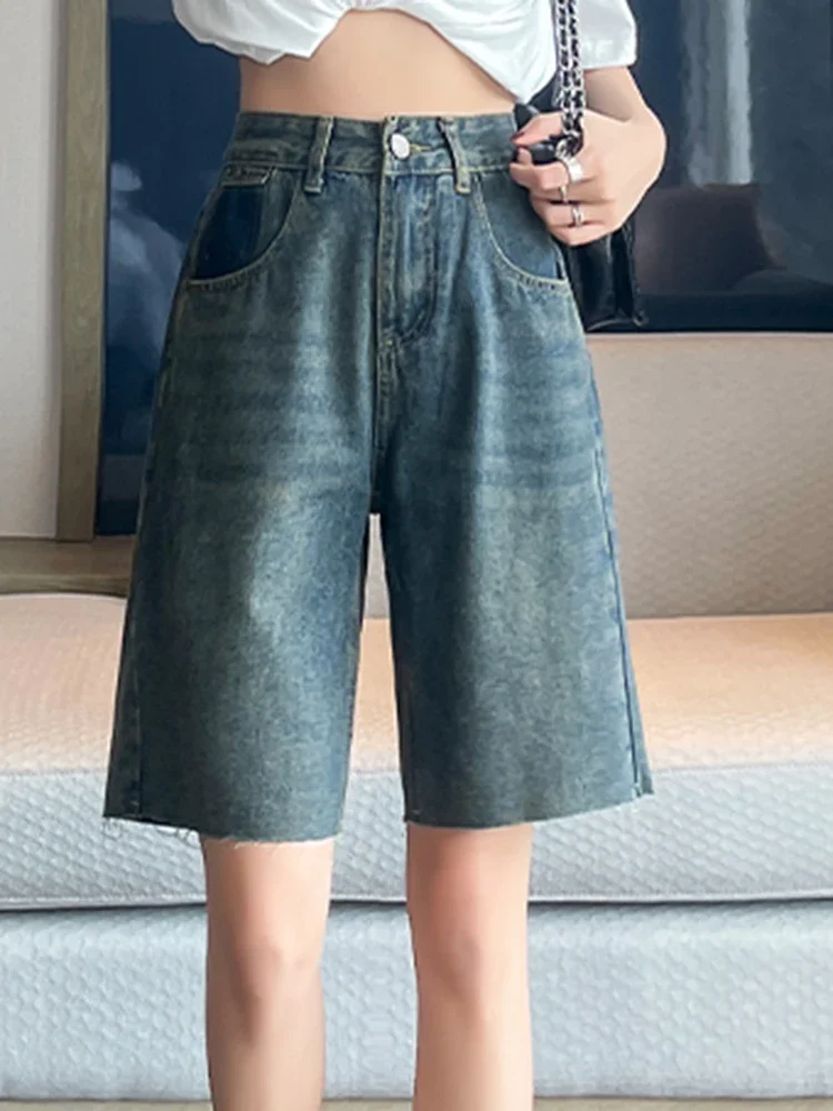 Chicly Thin Style Basic Washed Simple Loose Street Female Jeans Casual Straight High Waist Fashion Distressed Summer Women Jeans