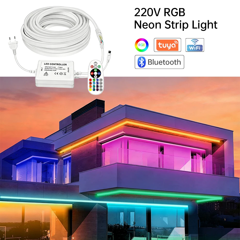 

Tuya Smart LED Light 220V RGB Neon Strip 5050 Waterproof Flexible Tape IR/Bluetooth or Wifi Control Work with Alexa Google Home