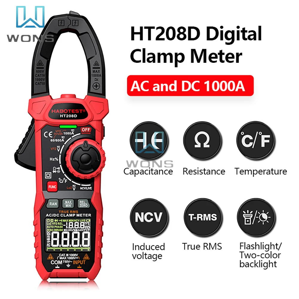 

HT208D 1000A AC DC Digital Clamp Meter Multimeter 6000 Counts True RMS Auto-ranging Current Voltage Temp Capacitance NCV Tester