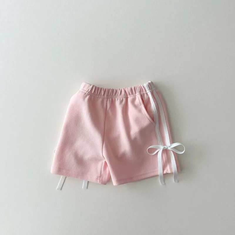 Korean Style New Summer Baby Girls Sports Shorts Side Seam Stripe Bow Elastic Waist Loose Pants Casual Children Clothes A24147