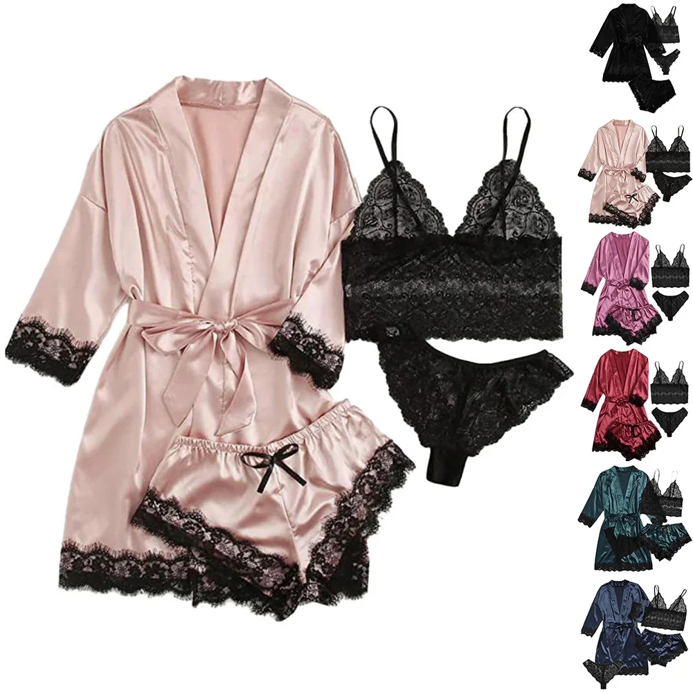 4 Pieces Women Sleepwear Pajamas Ser With Robe Sexy Lace Lingerie Bathrobe Silk Satin Home Clothed Nightwear Robe Underwear