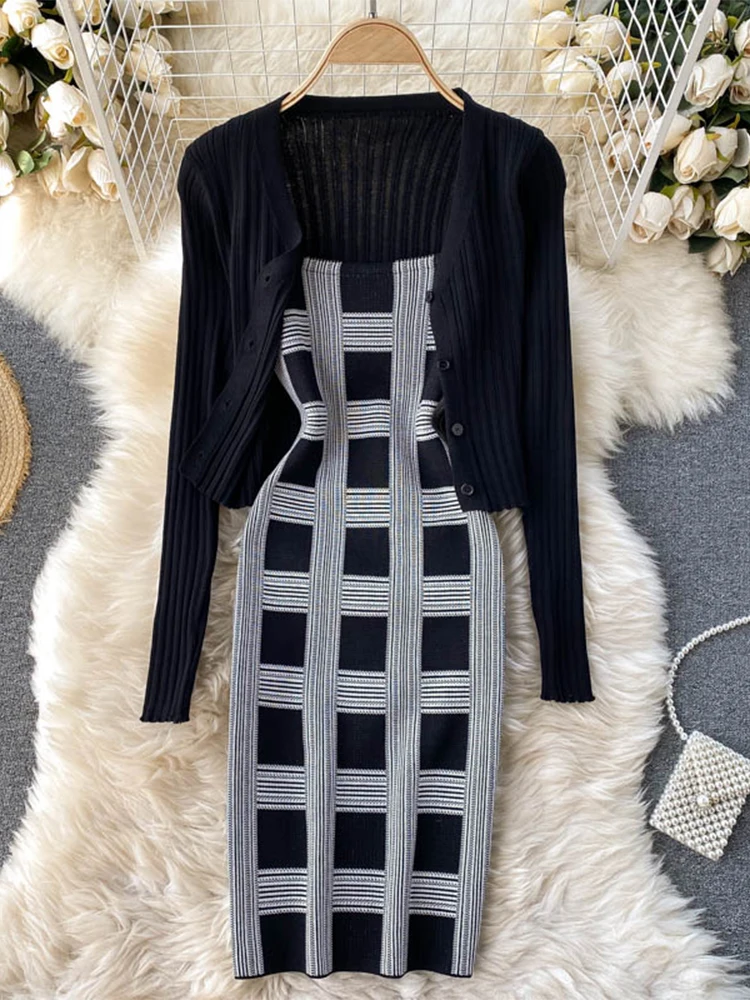 Women knit two piece set plaid print spaghetti strap bodycon mini dress and long sleeve knit cardigan suits womens clothing sets