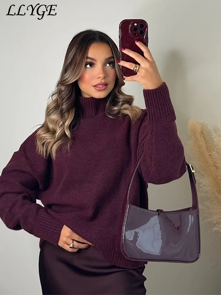 Vintage Women\'s Burgundy Turtleneck Sweater Casual Long Sleeves Female Thicken Pullover 2024 Winter Lady Cozy All-match Knitwear