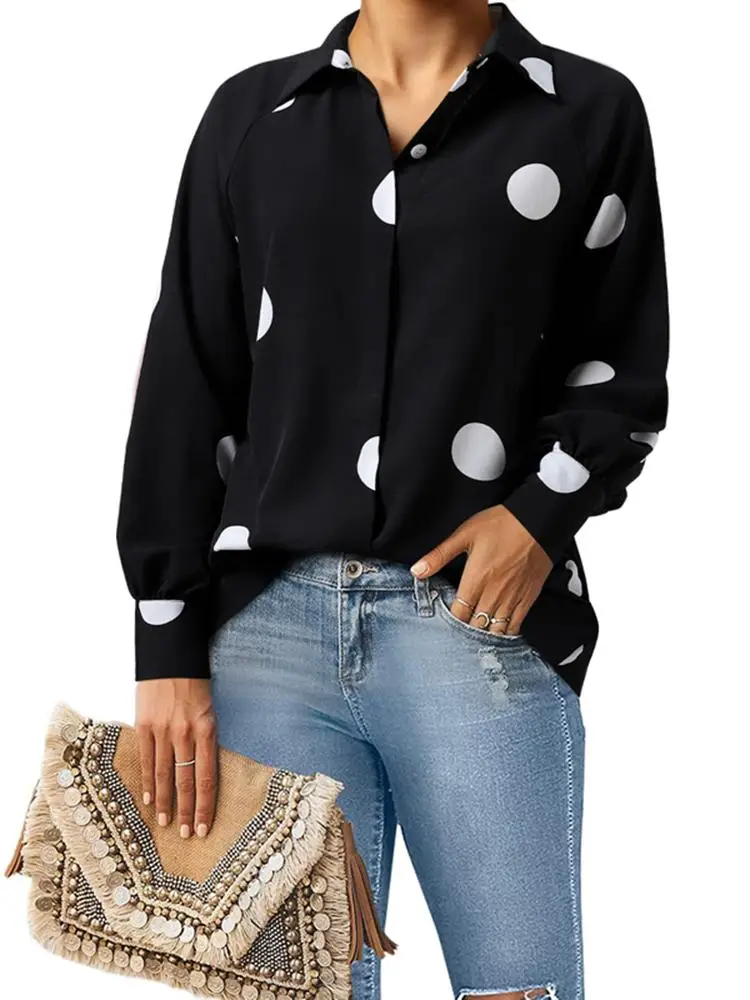 Women Elegant Long Sleeve Printed Blouse 2024 Autumn Polka Dot Shirt ZANZEA  Female OL Work Tops Vintage High Low Blusas Mujer