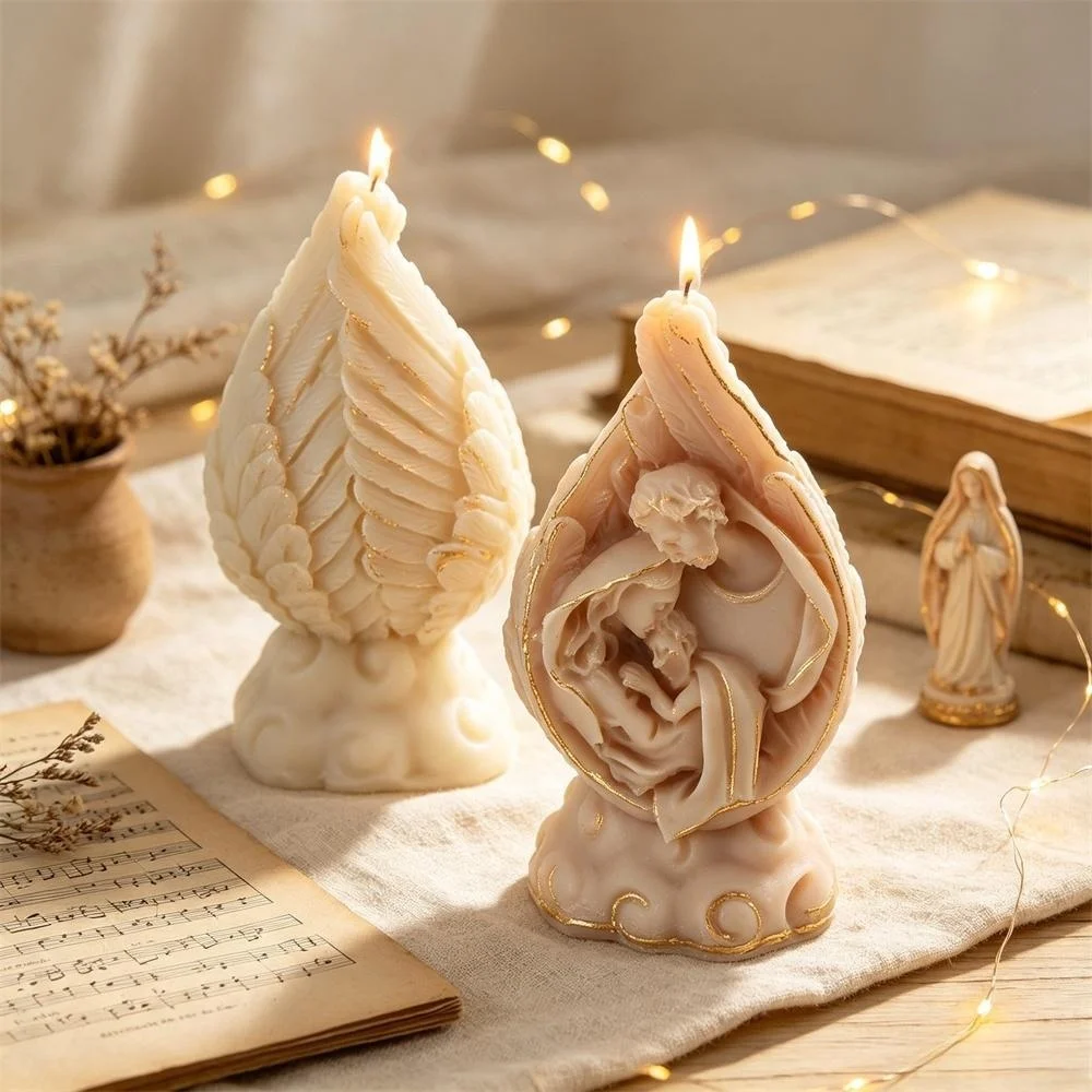 3D Teardrop Feather Wing Holy Family Jesus Nativity Silicone Candle Mold Sacred Jesus Virgin Mary with Baby Birth Figurine Mould