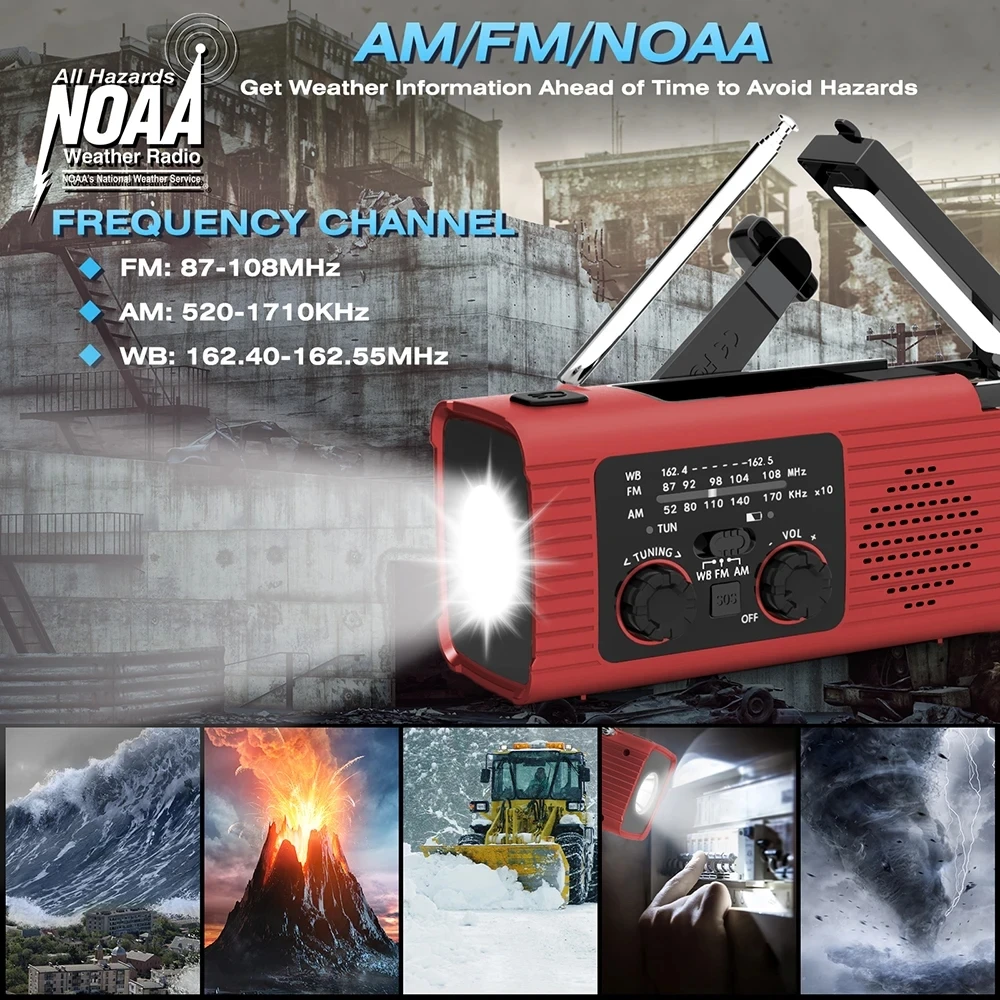 

D5 SOS Alarm Emergency Hand Crank Radio AM/FM NOAA Solar Power USB Chargeable 4000mAh Power Bank Portable Radio LED Flashlight