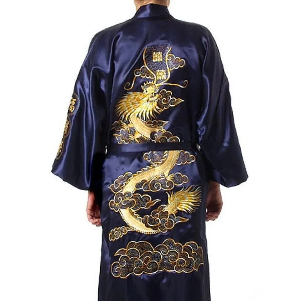 Bath Robe for Men Sleepwear Fashion Clothes Casual Clothing Embroidery Ethnic Style Vintage Streetwear Silk Chinese Loong Loose