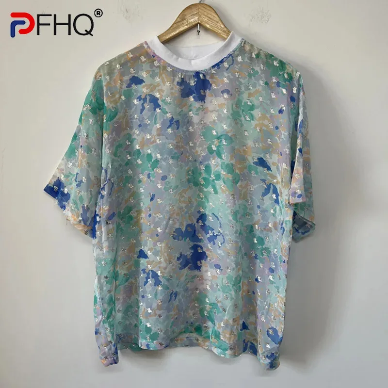 

PFHQ Men's Printed Thin Chiffon T-shirt Fashion Light Luxury Loose Short Sleeved Breathable O-Neck Popular Male Tops New 21Z4708