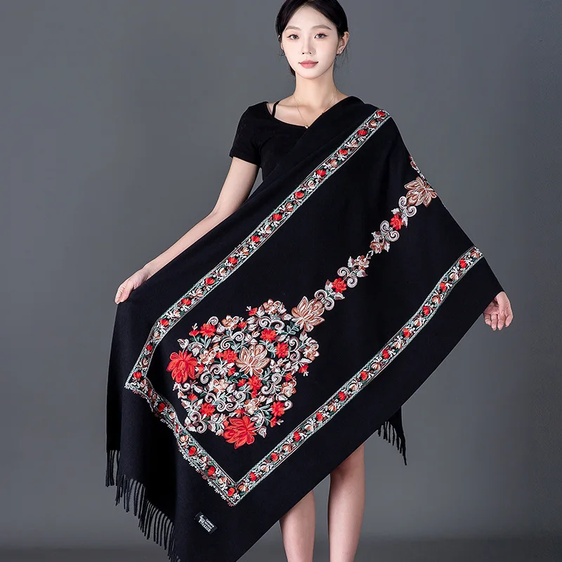 

Embroider Flower Pashmina Bufanda Muffler Women Warm Cashmere Blend Wraps New Winter Scarf Female Echarpes Capes Tassel Scarves