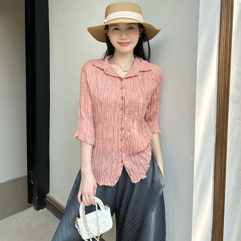 เดี่ยวสีทึบLapelผู้หญิงเสื้อMiyakeจีบ 2025 ฤดูร้อนใหม่เสื้อลําลองแฟชั่นCardiganเสื้อผ้าALSEY