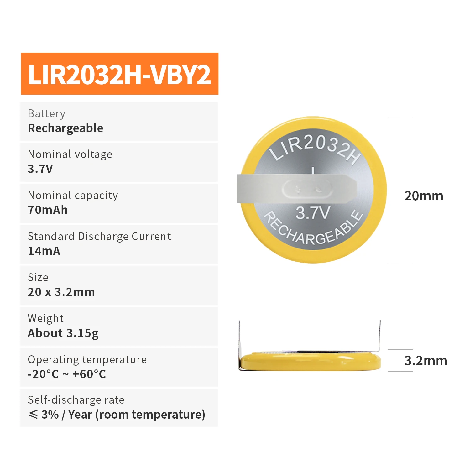 10PACKS EEMB LIR2032H Rechargeable Battery with Solder Tabs 70mah 3.7V Lithium-ion Coin Button Cell Batteries