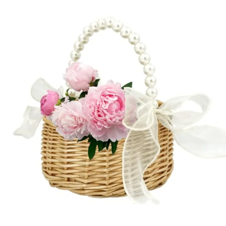 Flower Girl Basket Woven Rattan Wedding Basket with Pearl Handle Lace Bow for Rustic Elegant Flower Holding Perfect for Wedding