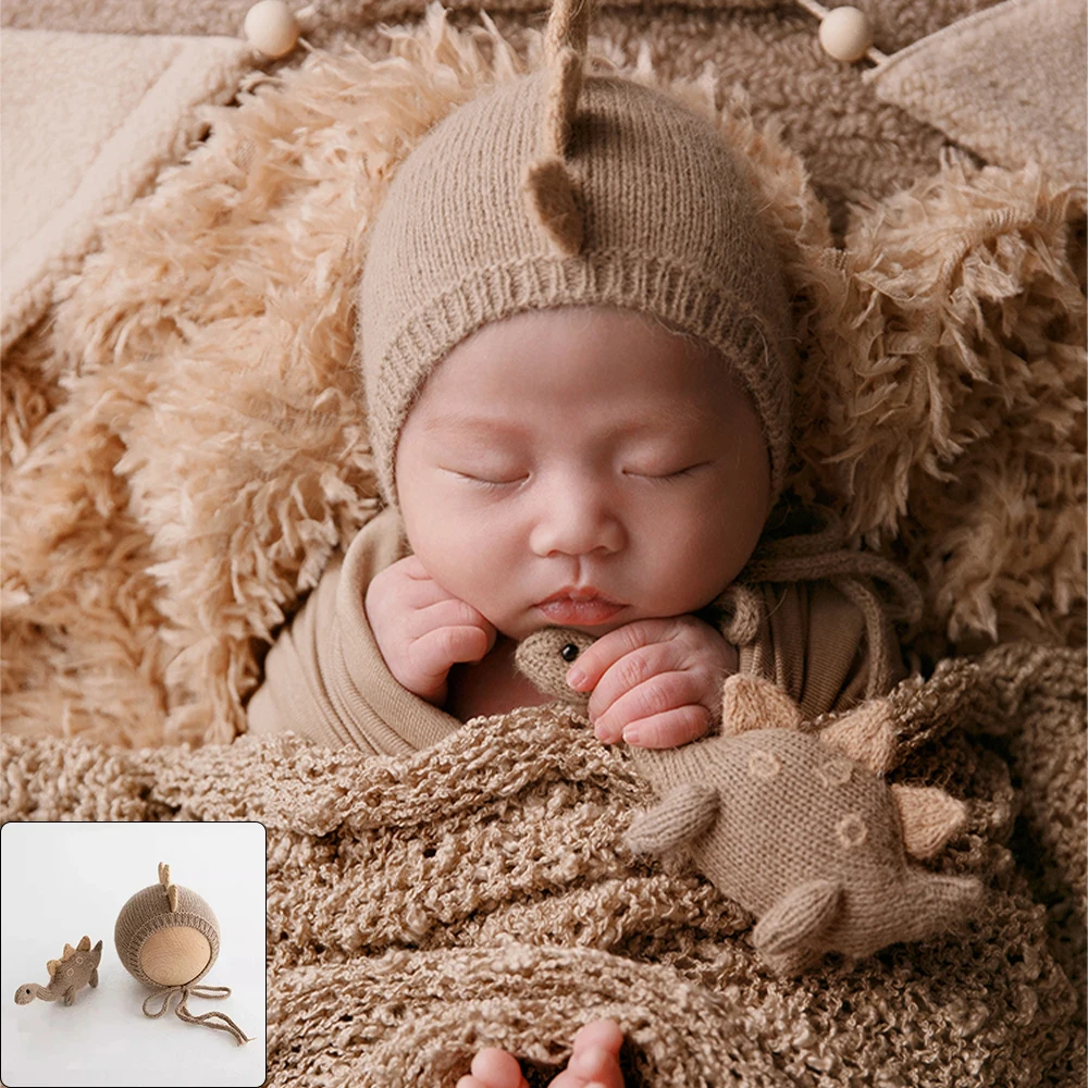 3 Colors Knitted Dinosaur Hat Newborn Wraps Photography Props Accessories Handmade Dinosaur Dolls Studio Baby Photo Shoot Props