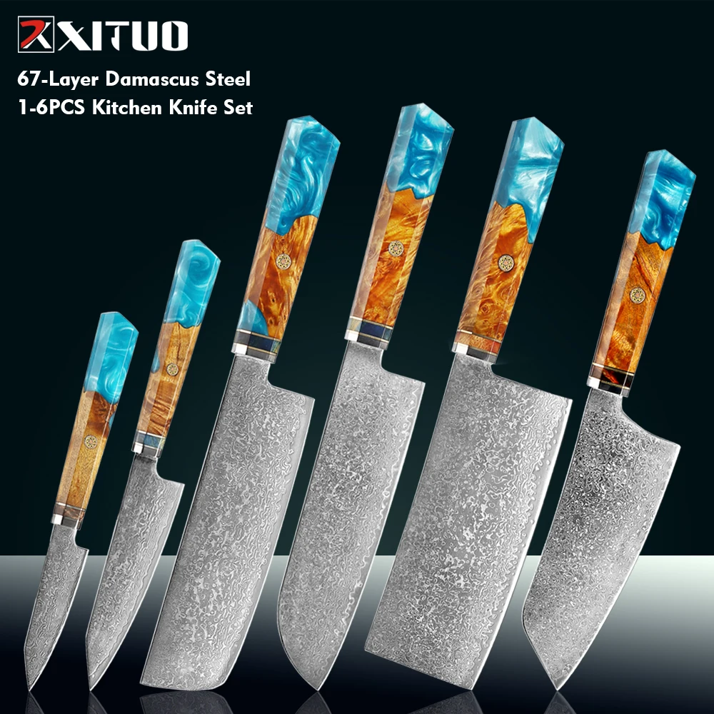 

XITUO 1-6PCS Damascus Steel Professional Chefs Knives Set Sea Blue Resin Wood Handle Bread,Santoku,Cleaver,Paring,Cooking Knife