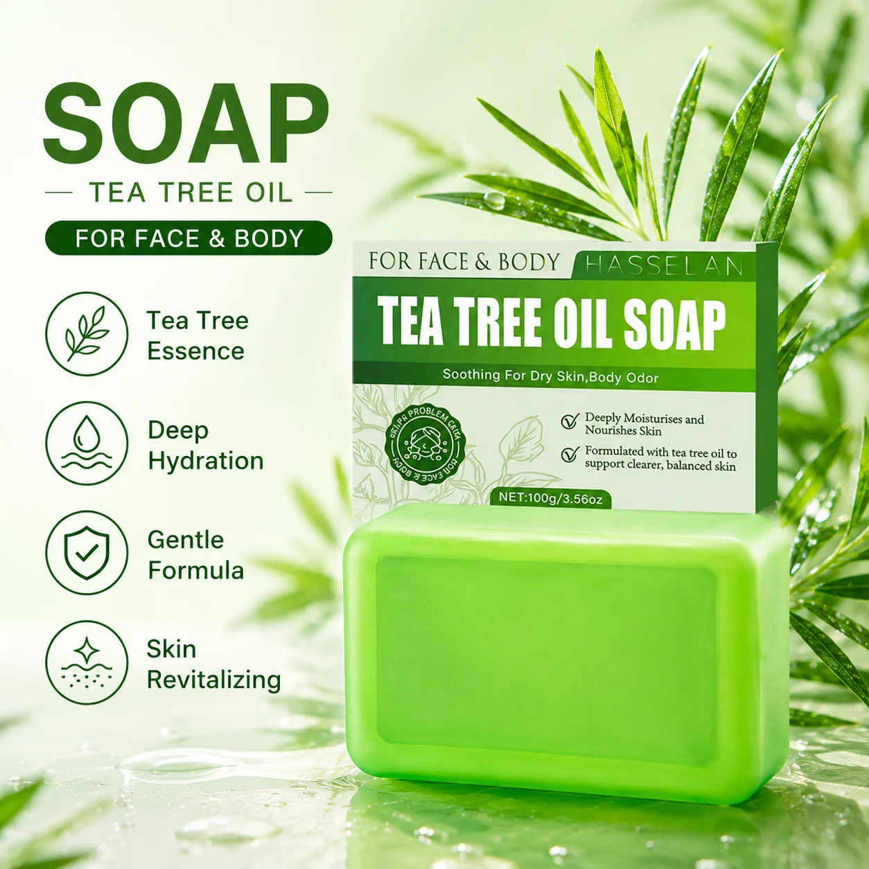 Jabón de Árbol de Té Verde, Jabón en Barra con Aceite de Árbol de Té, Jabones Naturales para Limpiar la Piel del Rostro, Cuerpo y Manos, Jabón en Barra Exfoliante Suave
