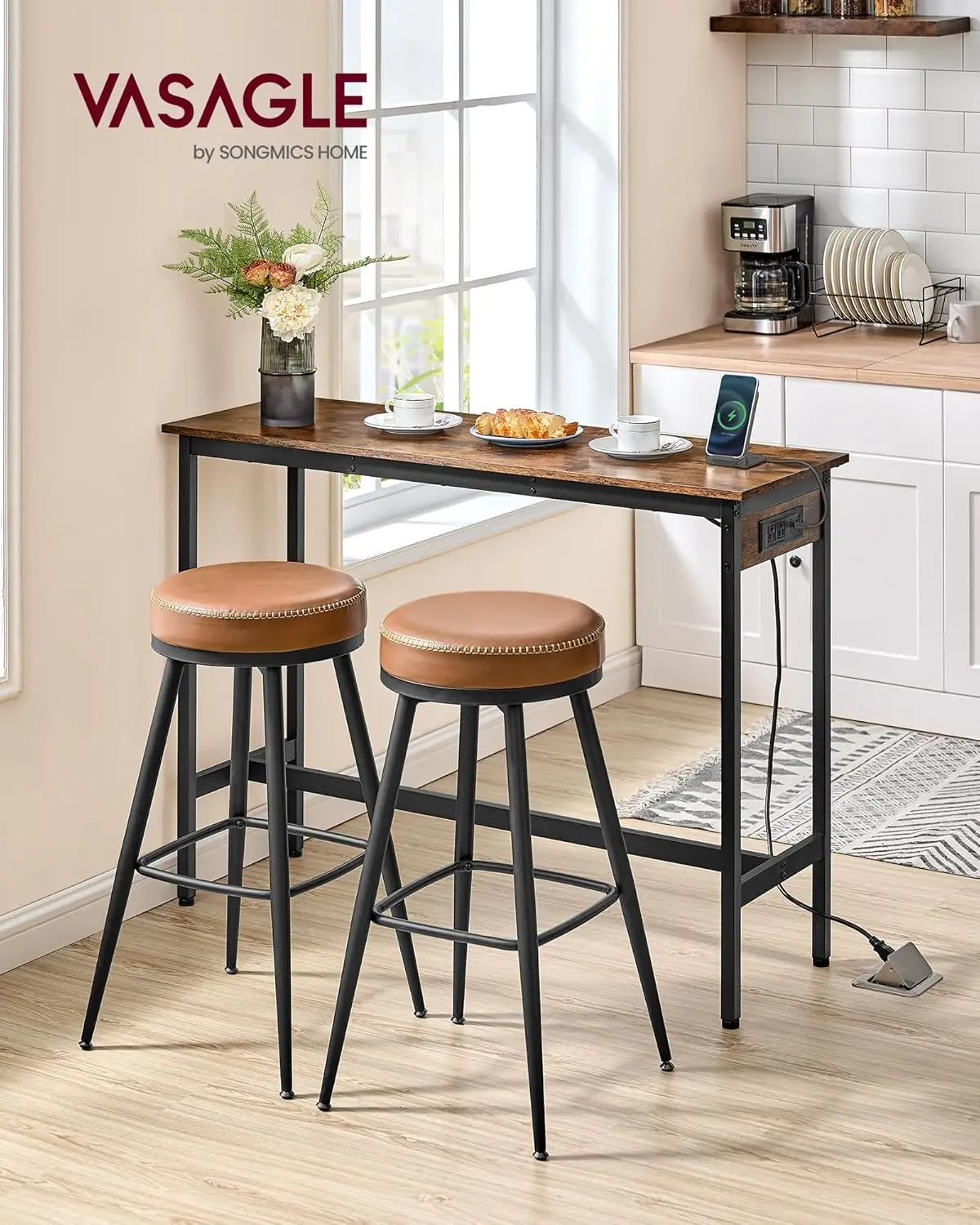 Bar Table, Narrow Long Table with Charging Station, Kitchen Dining Table, High Pub Table, Sturdy Metal Frame, Industrial, 15.7 x