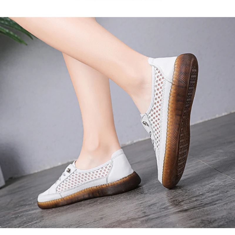 Casual Flat Walking Shoes Cowhide Moccasin Sandals Women Soft Sole Loafers Genuine Leather Female Mesh Sneakers Jogging Trainers