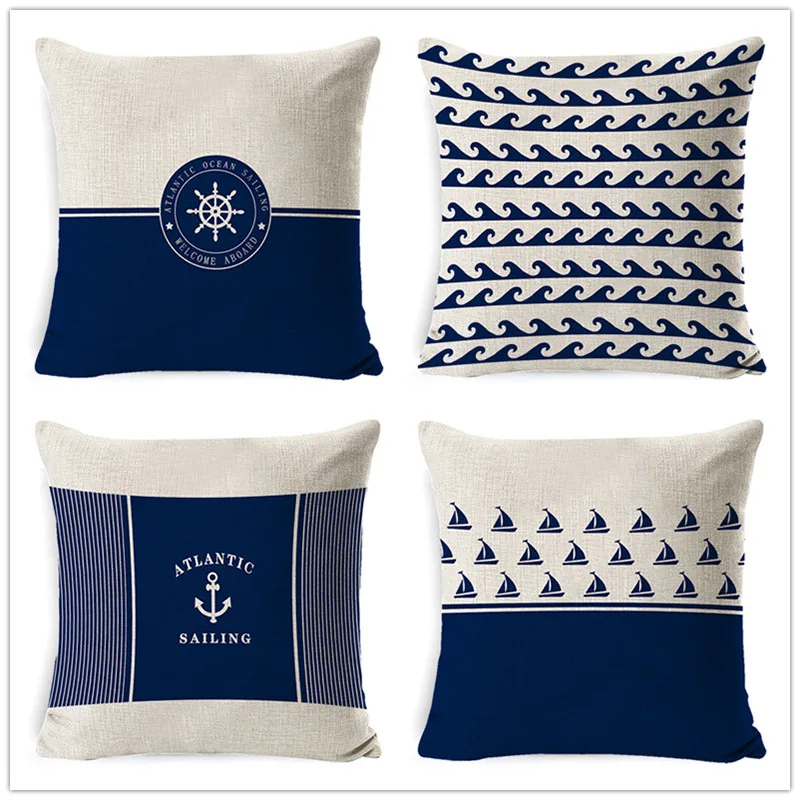 

Nautical Anchor Cotton Linen Pillowcase Blue Ocean Pillows Case for Girls Room Bed Sofa Double Bed Cushions Cover 45s45cm Couch