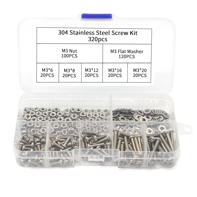320PCS M3 Phillips Pan Head Machine Screws, Metric Screws Bolts Washers Nuts Kit, 304 Stainless Steel with Spring Washer