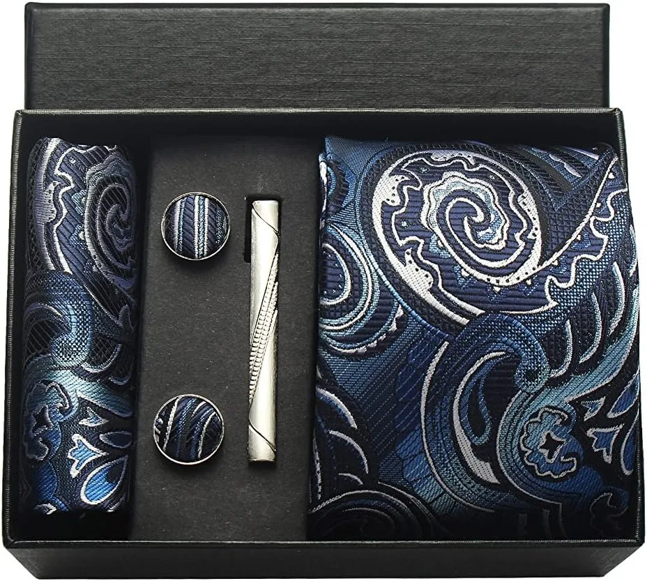 100 % Seidenkrawatte, Paisley-Blumenmuster, Herrenkrawatte, hochwertige Business-Krawatte, Einstecktuch, Krawattenklammer, Manschettenknöpfe-Set, klassisch, für Männer, Geschenkbox