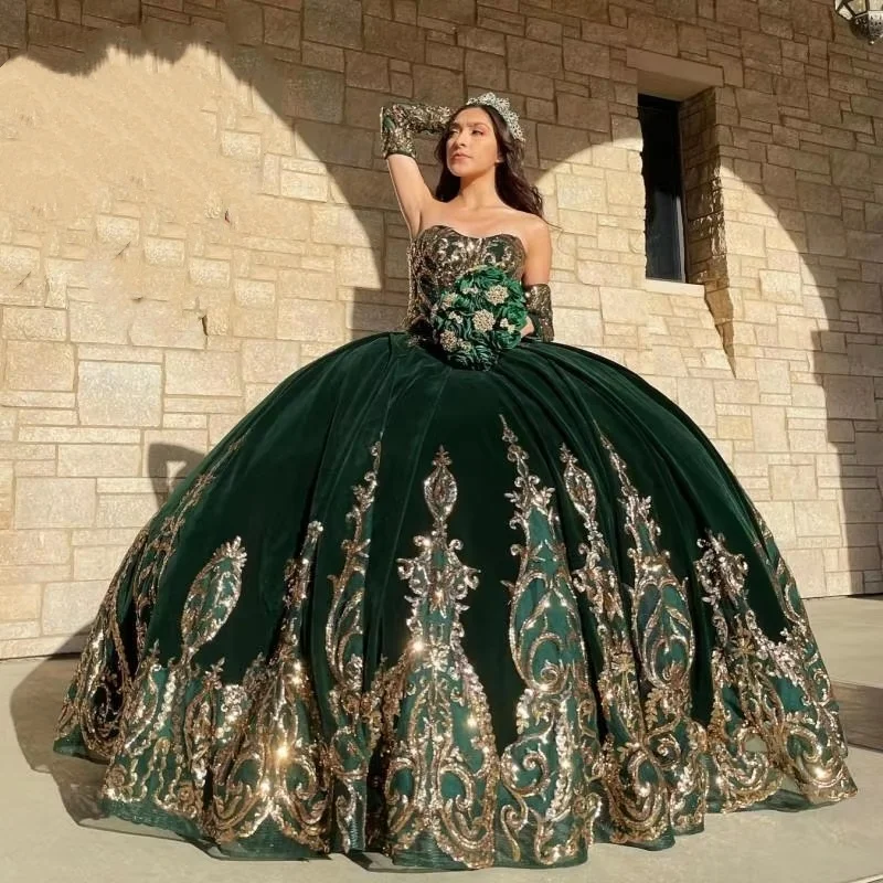 Vestidos de quinceañera con apliques de color verde esmeralda para niñas mexicanas personalizadas, corsé con cordones, dulces 16 Vestidos de desfile, Vestidos de terciopelo