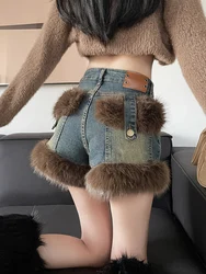 Vintage Women Riveted Shorts Faux Fur Fashion Sexy Jean Shorts Loose Casual Hot Girls Autumn Winter High Waist Casual Streetwear