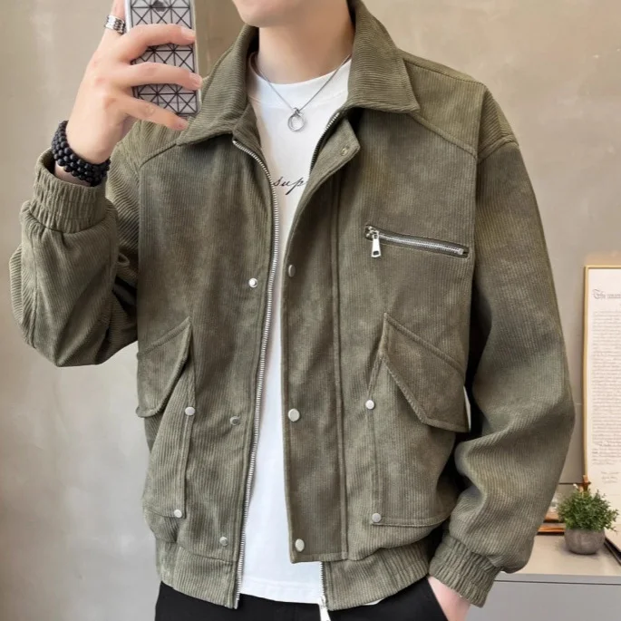

2025 Autumn Man Cargo Jacket Simple Solid Color Turn Down Collar Zipper Male Outerwear Vintage Long Sleeve Pocket Men Coat