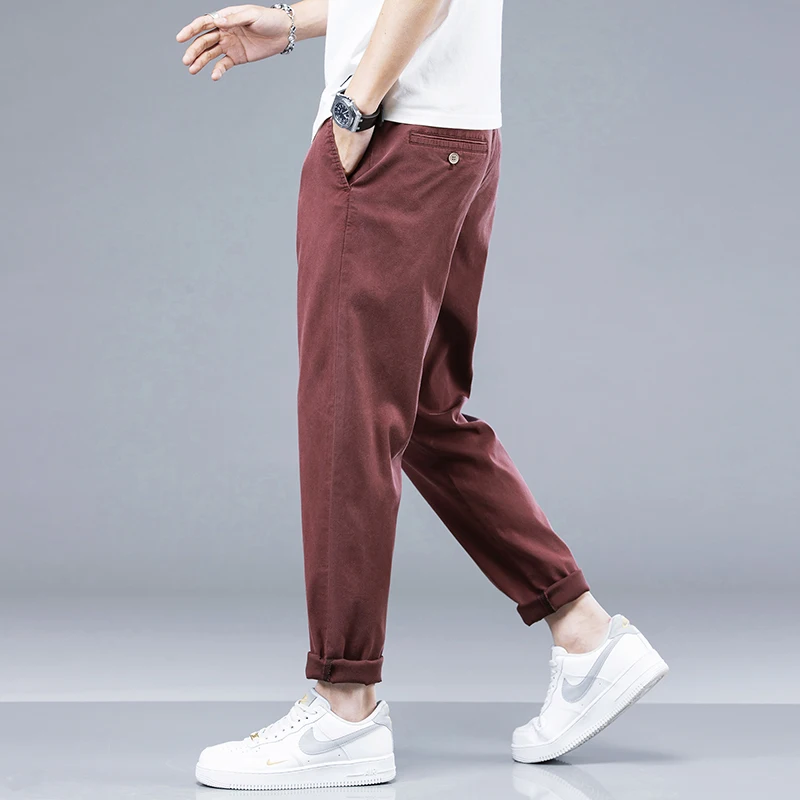 Calça casual de tecido Lyocell masculina, macia, aconchegante, respirável, fina, fina, elástica na cintura, coreia jogger, trabalho, calça vinho vermelho, masculina, verão, nova