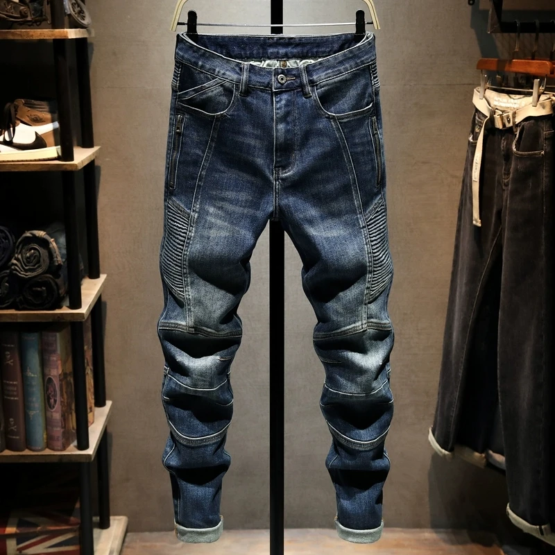 

Street Designer Fashion Men Jeans Retro Dark Blue Stretch Slim Fit Spliced Ripped Jeans Men Patched Hip Hop Denim Biker Pants