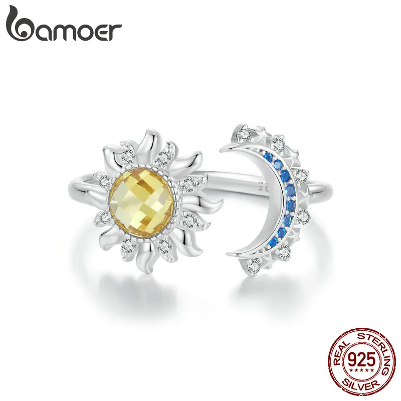 BAMOER 925 Sterling Silver Sun and Moon Adjustable Ring Delicate CZ Finger Ring for Women Girl Party Jewelry Gift BSR546-E