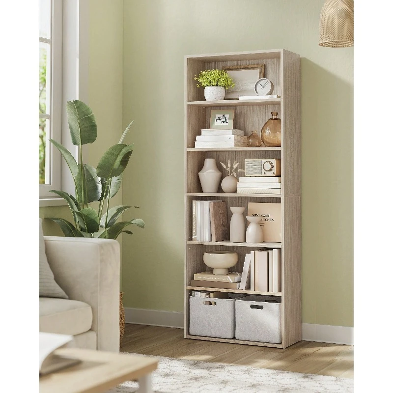6-Tier Bookcase, Book Shelf Furniture, Open Storage Shelves, Room Decor, For Living Room, Home Office, Dinning Room, 9.4 X 23.6 X 63.3 Inches, Natural Beige