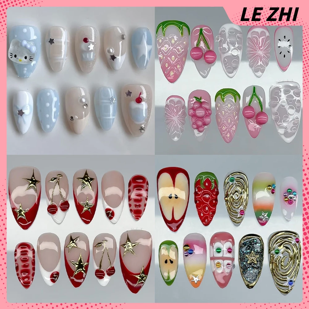 

3D Cartoon Rilakkuma Hello Kitty Long Square Almond Handmade Press On Nail Kawaii Flower Strawberry Pearl Bow Doughnut Fake Nail