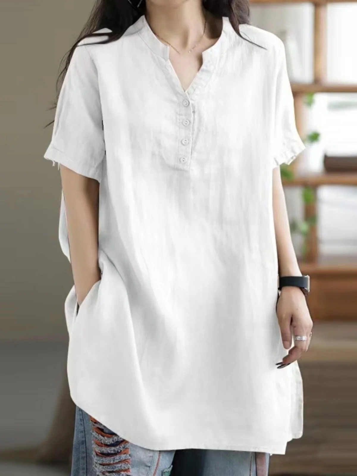 Plus Size Damen Baumwolle Leinen irt Sommer New Sle Casual Mid-Length Dr Loose Fit Pendeln Sle f Offener Kragen