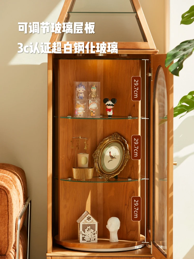 Retro Display Cabinet Cherry Wood Solid Wood Rotating Bookshelf Corner Cabinet