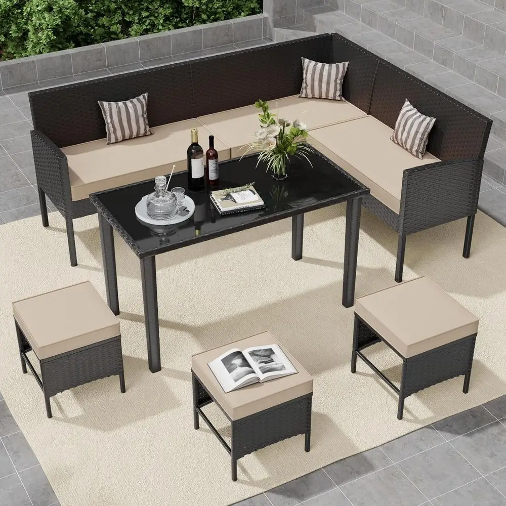 

Outdoor Dining Set, Patio Furniture with Cushions & 3 Pillows, Conversation Wicker Sectional Sofa Set with Long Glass Coffee Tab