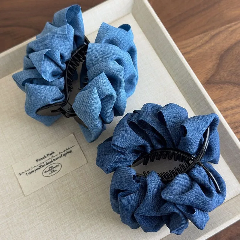 

New Sweet and Cool Denim Pleated Bubble Fluffy Ball Clip Ponytail Fixing Clip Pinzas Para El Cabello Girl Hair Accessoires