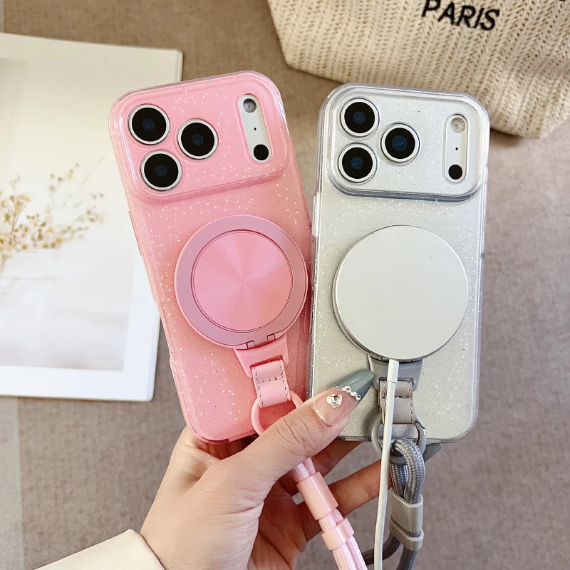 For Magsafe Magnetic 360°Rotating Bracket Lanyard Glitter Hard PC Phone Case For iPhone 18 17 Pro Max 15 14 13 12 11 16 Pro Max
